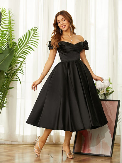 A-Line/Princess Satin Ruched Off-the-Shoulder Sleeveless Tea-Length Dresses/Homecoming dresses