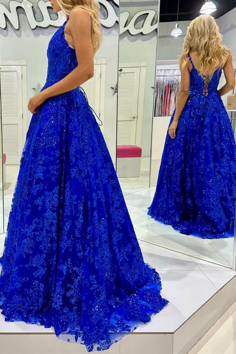 Gorgeous A Line Spaghetti Straps Royal Blue Long Prom Dress with Appliques