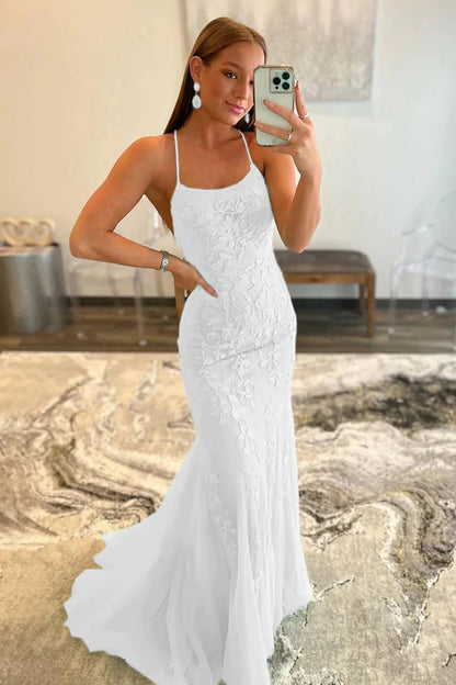 Mermaid Spaghetti Straps White Long Prom Dress with Appliques