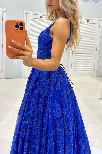 Gorgeous A Line Spaghetti Straps Royal Blue Long Prom Dress with Appliques