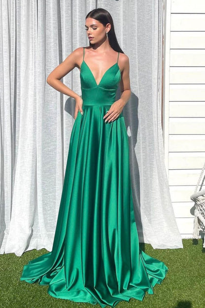 Simple A Line Spaghetti Straps Green Long Prom Dress with Split Front