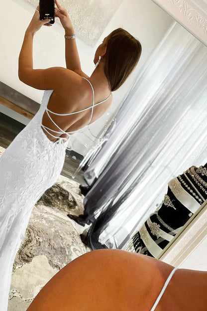 Mermaid Spaghetti Straps White Long Prom Dress with Appliques