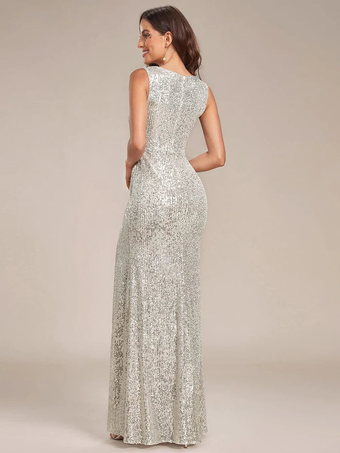 Shiny Sleeveless Sequin Deep V-Neck High Slit Evening Dress/Prom Dresses