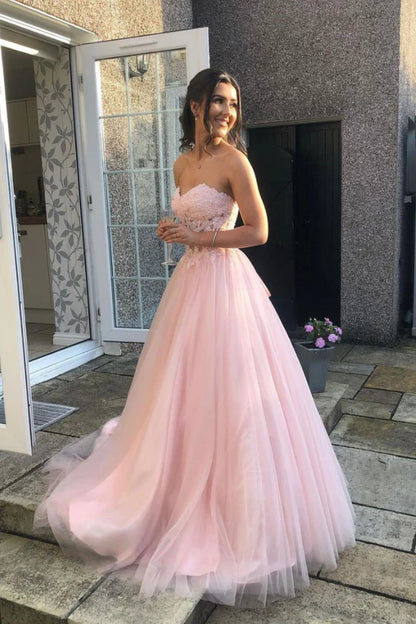 Pink Tulle Lace Long A-Line Prom Dress Lovely Strapless Evening Graduation Dress