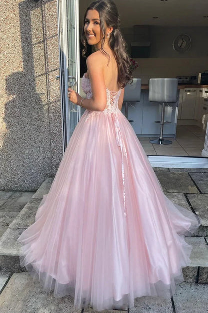 Pink Tulle Lace Long A-Line Prom Dress Lovely Strapless Evening Graduation Dress