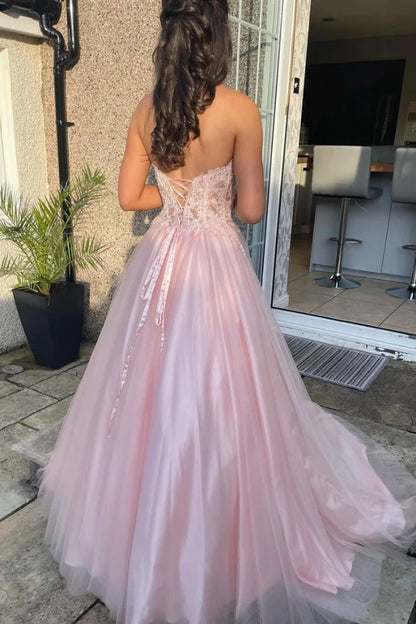 Pink Tulle Lace Long A-Line Prom Dress Lovely Strapless Evening Graduation Dress