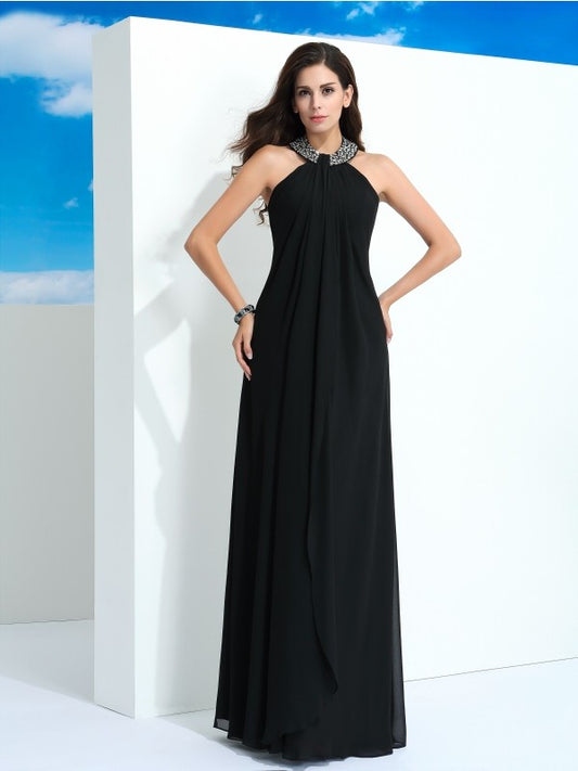 A-Line/Princess Halter Beading Sleeveless Long Chiffon Dresses