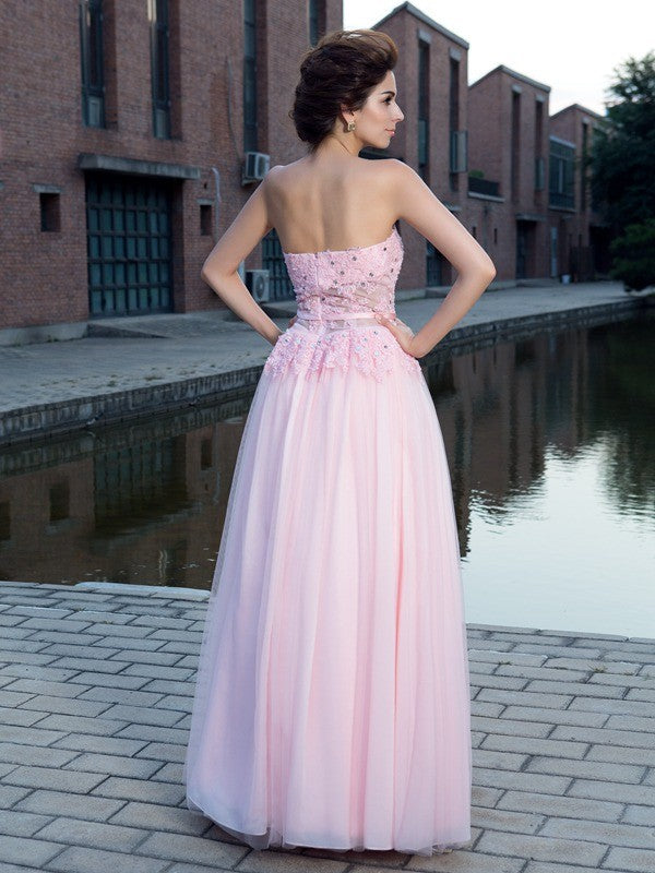 A-Line/Princess Straps Applique Sleeveless Long Net Dresses