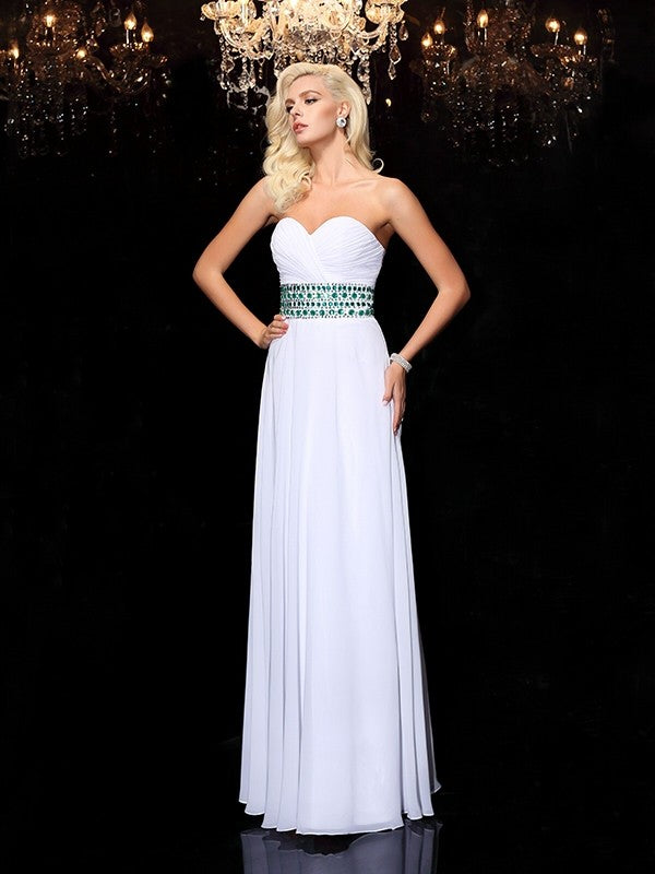 A-line/Princess Sweetheart Rhinestone Sleeveless Long Chiffon Dresses