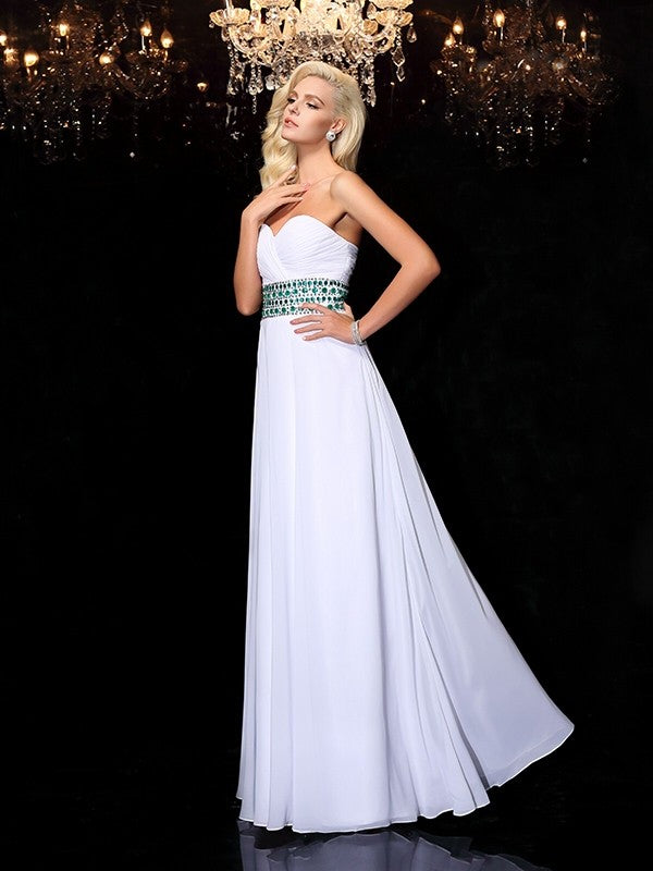 A-line/Princess Sweetheart Rhinestone Sleeveless Long Chiffon Dresses