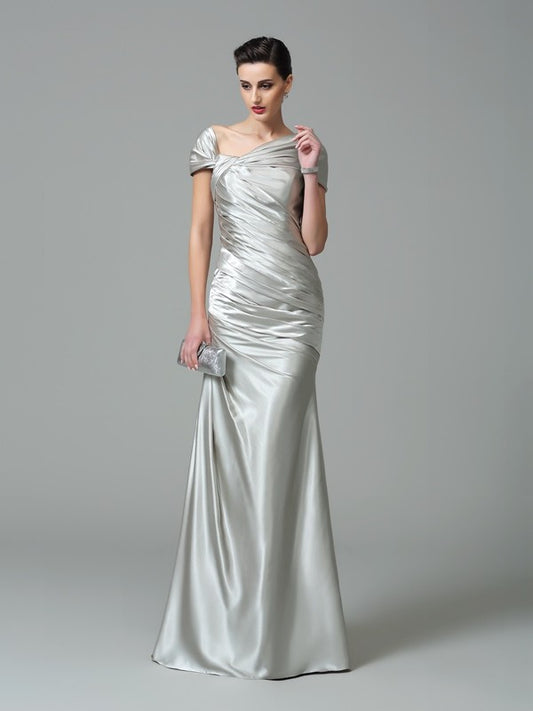 Sheath/Column Off-the-Shoulder Pleats Sleeveless Long Silk like Satin Dresses