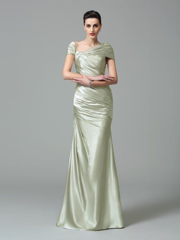 Sheath/Column Off-the-Shoulder Pleats Sleeveless Long Silk like Satin Dresses