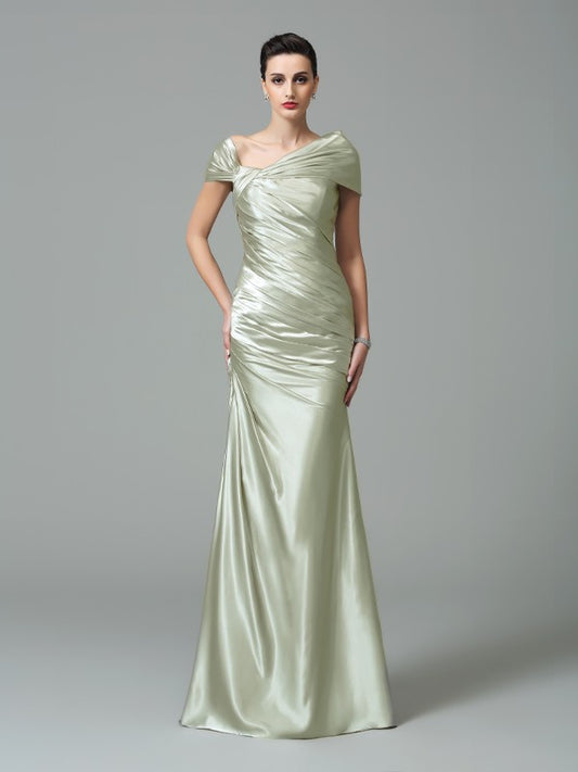 Sheath/Column Off-the-Shoulder Pleats Sleeveless Long Silk like Satin Dresses