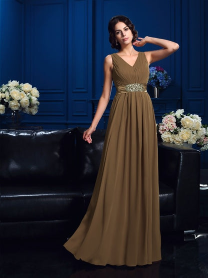 A-Line/Princess V-neck Pleats Sleeveless Long Chiffon Mother of the Bride Dresses