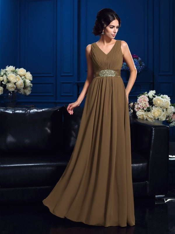 A-Line/Princess V-neck Pleats Sleeveless Long Chiffon Mother of the Bride Dresses