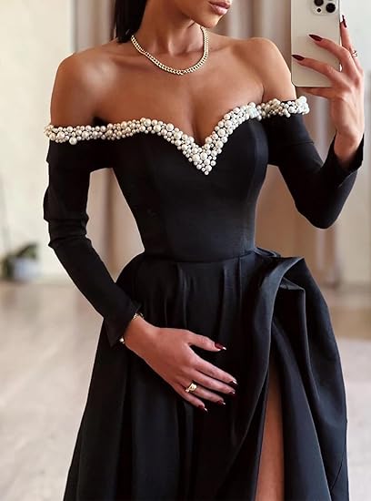 Buyishang A-Line Sexy Evening Dress Formal Prom Dress Sweep/Brush Train Long Sleeve Off Shoulder Satin with Pearls Slit 2024