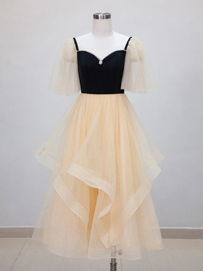 Buyishang Champagne A-Line Tulle Short Prom Dresses Champagne Formal Dress