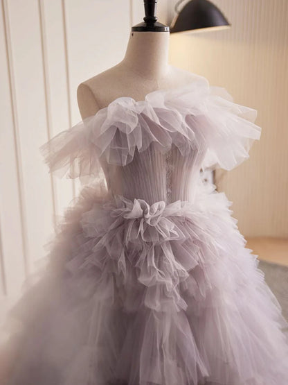 Buyishang Grey Purple Tulle Long Prom Dresses Grey Purple Evening Dress