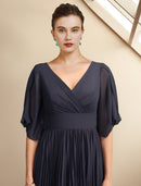 A-Line Mother of the Bride Dress Plus Size Elegant V Neck Tea Length