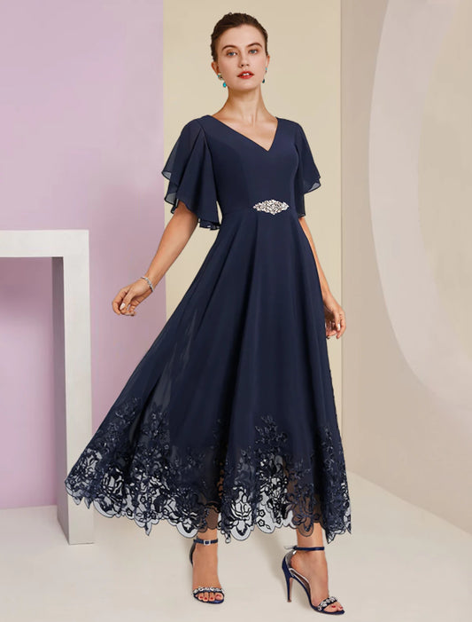 A-Line Mother of the Bride Dress Formal Fall Wedding Guest Elegant V Neck Tea