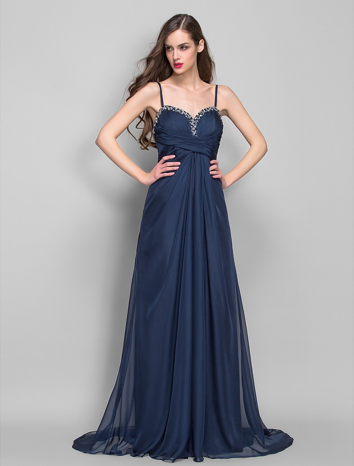 Spaghetti Strap Asymmetrical Chiffon Open Back Formal Evening Dress with Beading