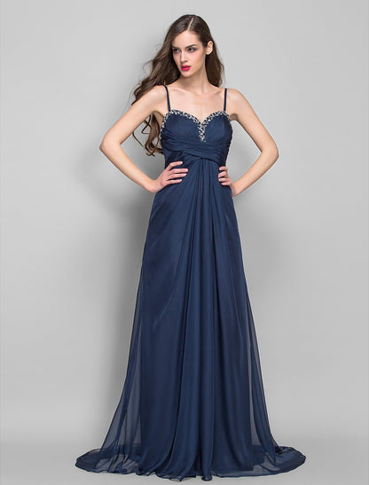 Spaghetti Strap Asymmetrical Chiffon Open Back Formal Evening Dress with Beading