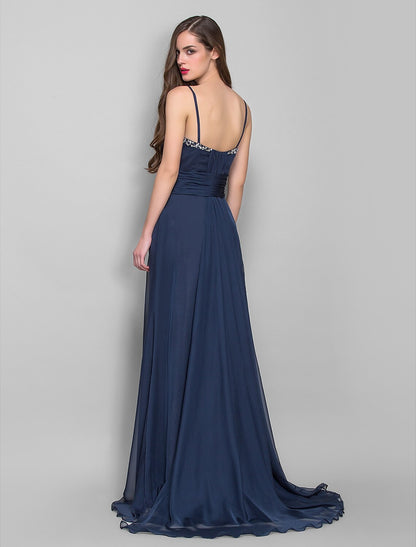 Spaghetti Strap Asymmetrical Chiffon Open Back Formal Evening Dress with Beading