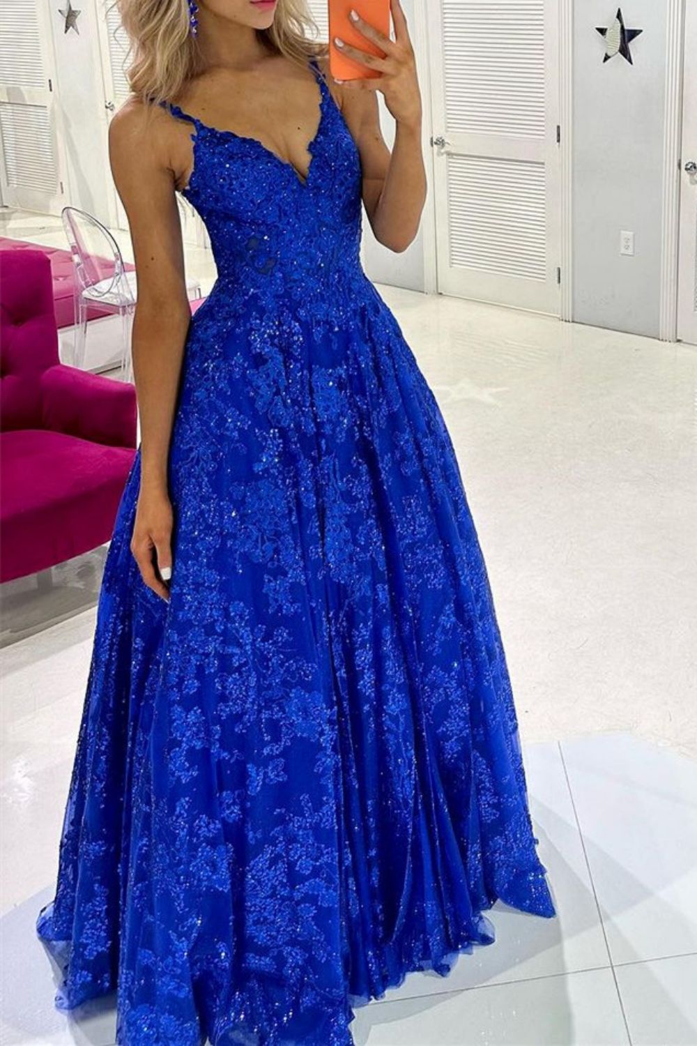 Gorgeous A Line Spaghetti Straps Royal Blue Long Prom Dress with Appliques