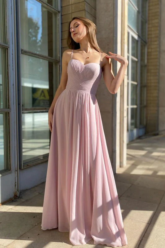 Pink Chiffon Long A-Line Prom Dress Simple Evening Party Dress