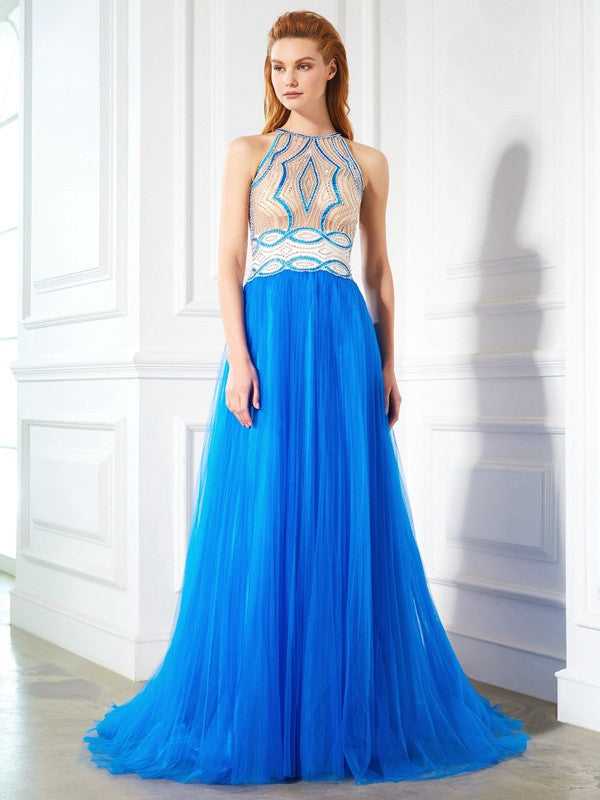 A-Line/Princess Jewel Beading Sleeveless Floor-Length Net Dresses