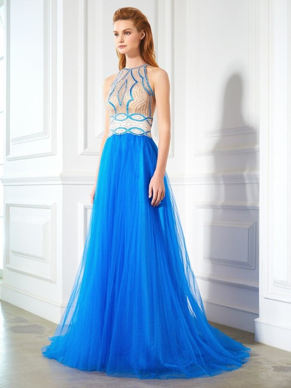 A-Line/Princess Jewel Beading Sleeveless Floor-Length Net Dresses