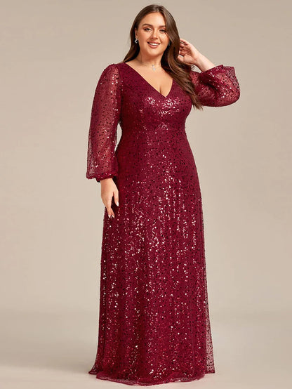Plus Size V-Neck Lantern Long Sleeve Sequin A-Line Evening Dress/Prom Dresses