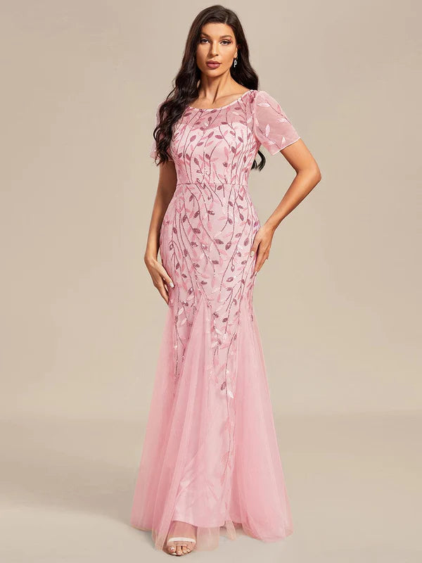 Floral Sequin Print Maxi Long Fishtail Formal Dresses With Half Sleeve