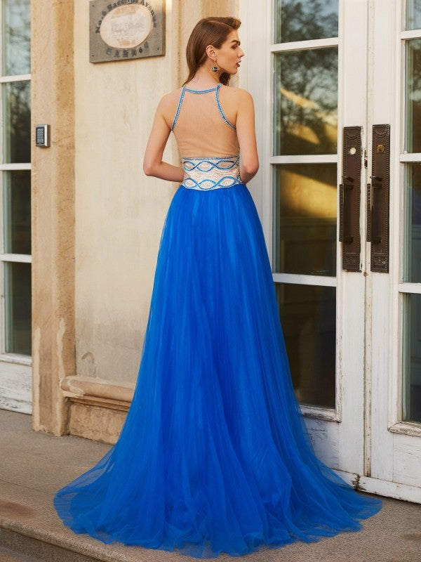 A-Line/Princess Jewel Beading Sleeveless Floor-Length Tulle Dresses