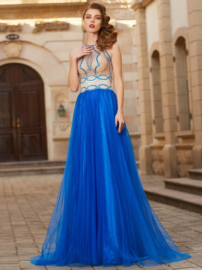 A-Line/Princess Jewel Beading Sleeveless Floor-Length Tulle Dresses