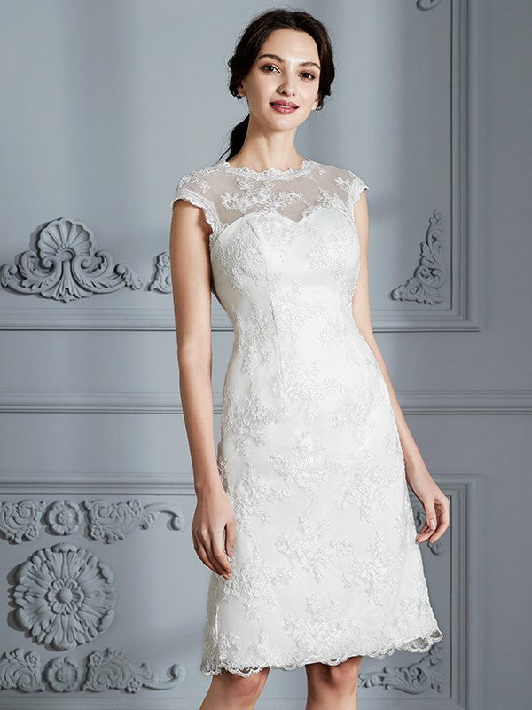 A-Line/Princess Sleeveless Scoop Knee-Length Lace Satin Wedding Dresses