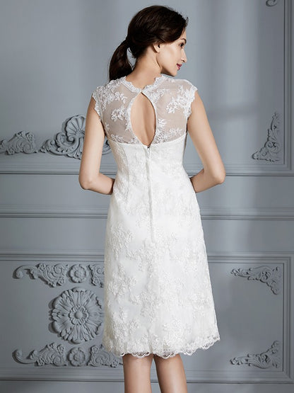 A-Line/Princess Sleeveless Scoop Knee-Length Lace Satin Wedding Dresses