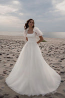 Buyishang Charming A-Line Square Neck Short Sleeves Wedding Dresses with Train