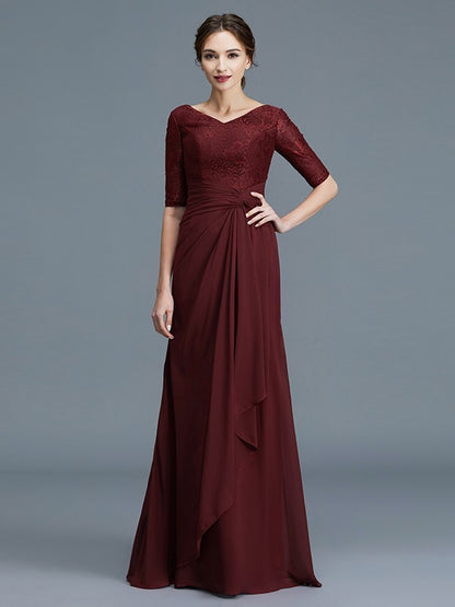 A-Line/Princess V-neck 1/2 Sleeves Ruffles Chiffon Floor-Length Mother of the Bride Dresses