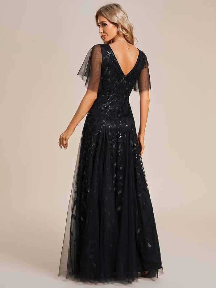 Shimmery V Neck Ruffle Sleeves Sequin Maxi Long Evening Dress/Prom Dresses