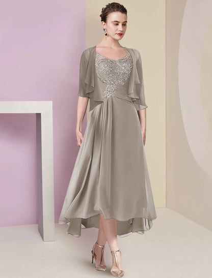 Two Piece A-Line Mother of the Bride Dress Formal Wedding Guest Elegant High Low V Neck Asymmetrical Tea Length Chiffon