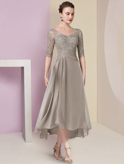 Two Piece A-Line Mother of the Bride Dress Formal Wedding Guest Elegant High Low V Neck Asymmetrical Tea Length Chiffon