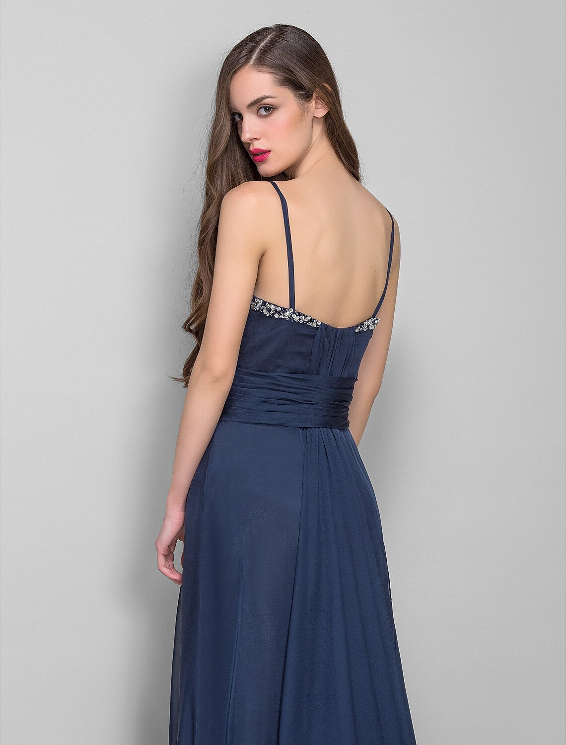 Spaghetti Strap Asymmetrical Chiffon Open Back Formal Evening Dress with Beading