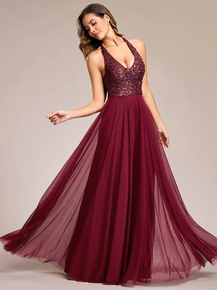 Sequin Halter Neck Top A-Line Backless Evening Dress with Tulle/Prom Dresses