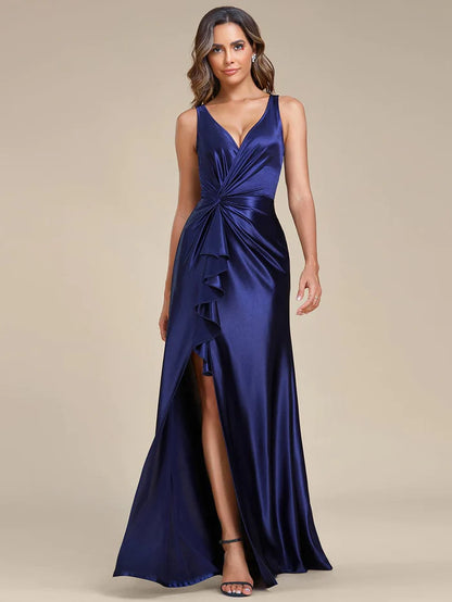 Deep V-Neck Stylish Waist Pleated High Slit Satin Evening Dress/Prom  Dresses