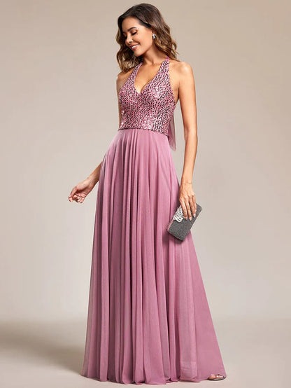 Sequin Halter Neck Top A-Line Backless Evening Dress with Tulle/Prom Dresses