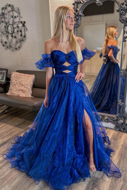 Trendy A Line Off the Shoulder Royal Blue Long Prom Dress with Keyhole