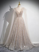 Buyishang A-Line Scoop Neckline Tulle Sequin Champagne Long Prom Dress