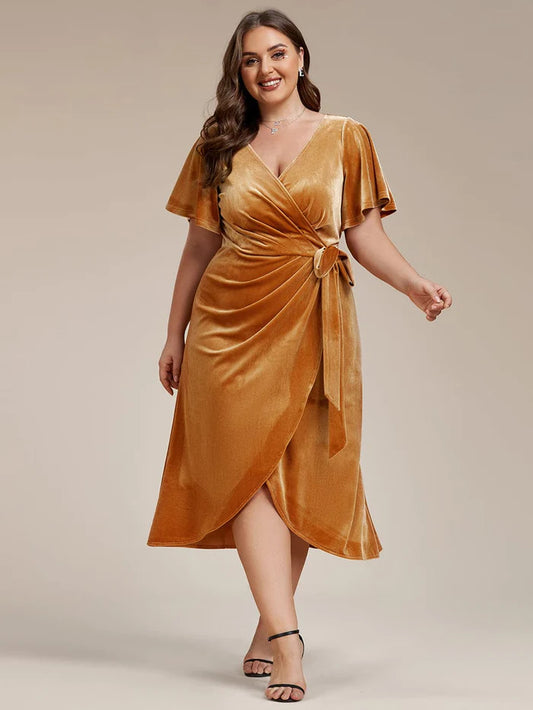 Plus Size V-Neck Ruffles Sleeve Velvet One-Piece Type Wedding Guest Dress/Prom Dresses