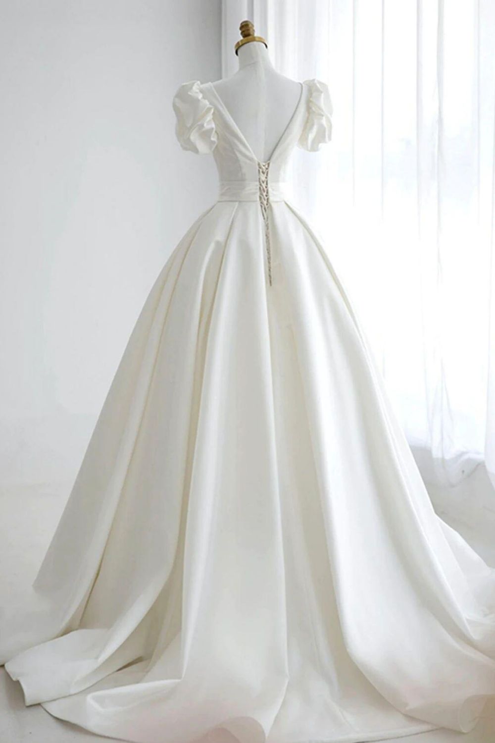 Elegant A Line V Neck White Wedding Dress with Short Sleeves